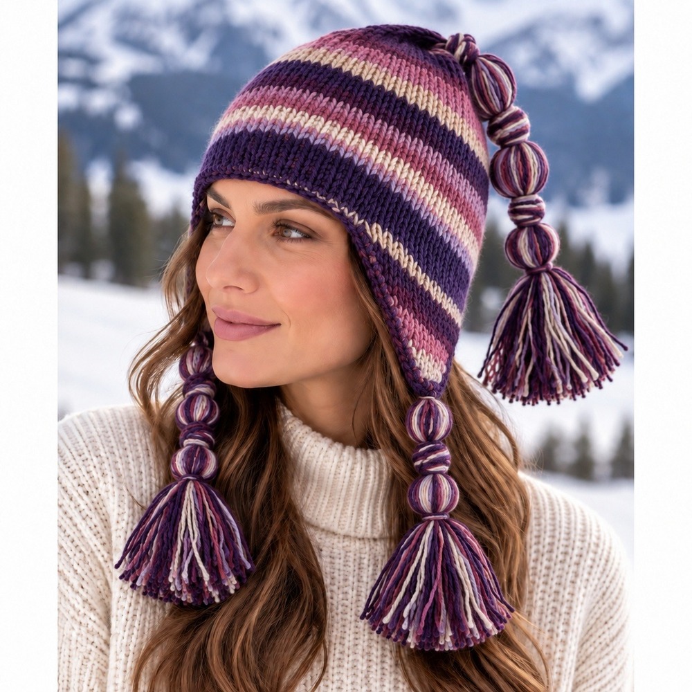 Nepal Hand Knitted Wool Earflap Hat Women OS Boho Gorpcore Fleece Lined Striped